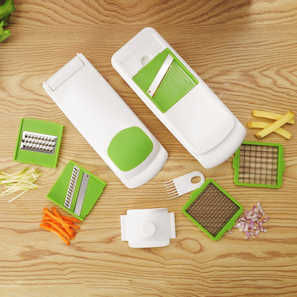 Multi-Functional 11 Pieces Multi-Function Nice Dicer and Mandoline, Stainless Steel, Green Glaze, 820g - Premium Stainless Steel Garlic Presser & Peeler Detail