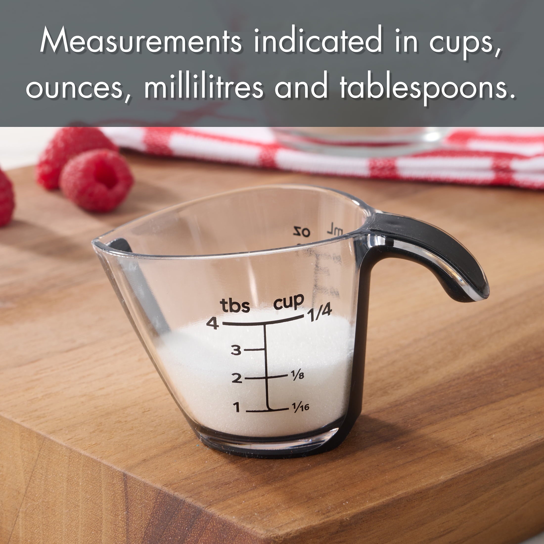 Multi-Functional 1/4C Plastic Mini Measuring Cup, Black/Transparent - Premium Stainless Steel Garlic Presser & Peeler Detail
