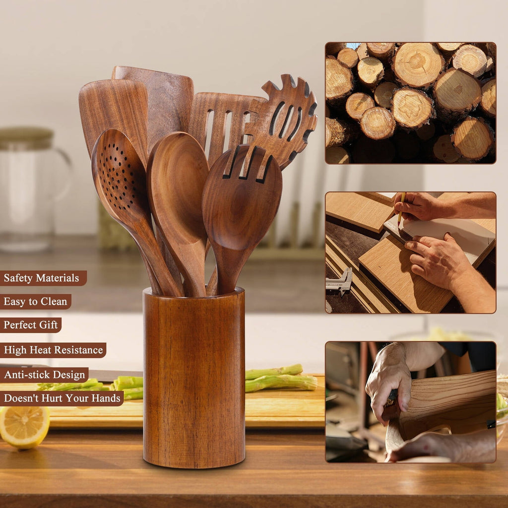 Premium Silicone Wooden Spoons for Cooking, 8 Pcs Natural Wooden Utensil for Cooking with Non-Stick, Heat Resistant, Wood... - Durable Turner & Ladle Utensil Set for Home Chefs Detail