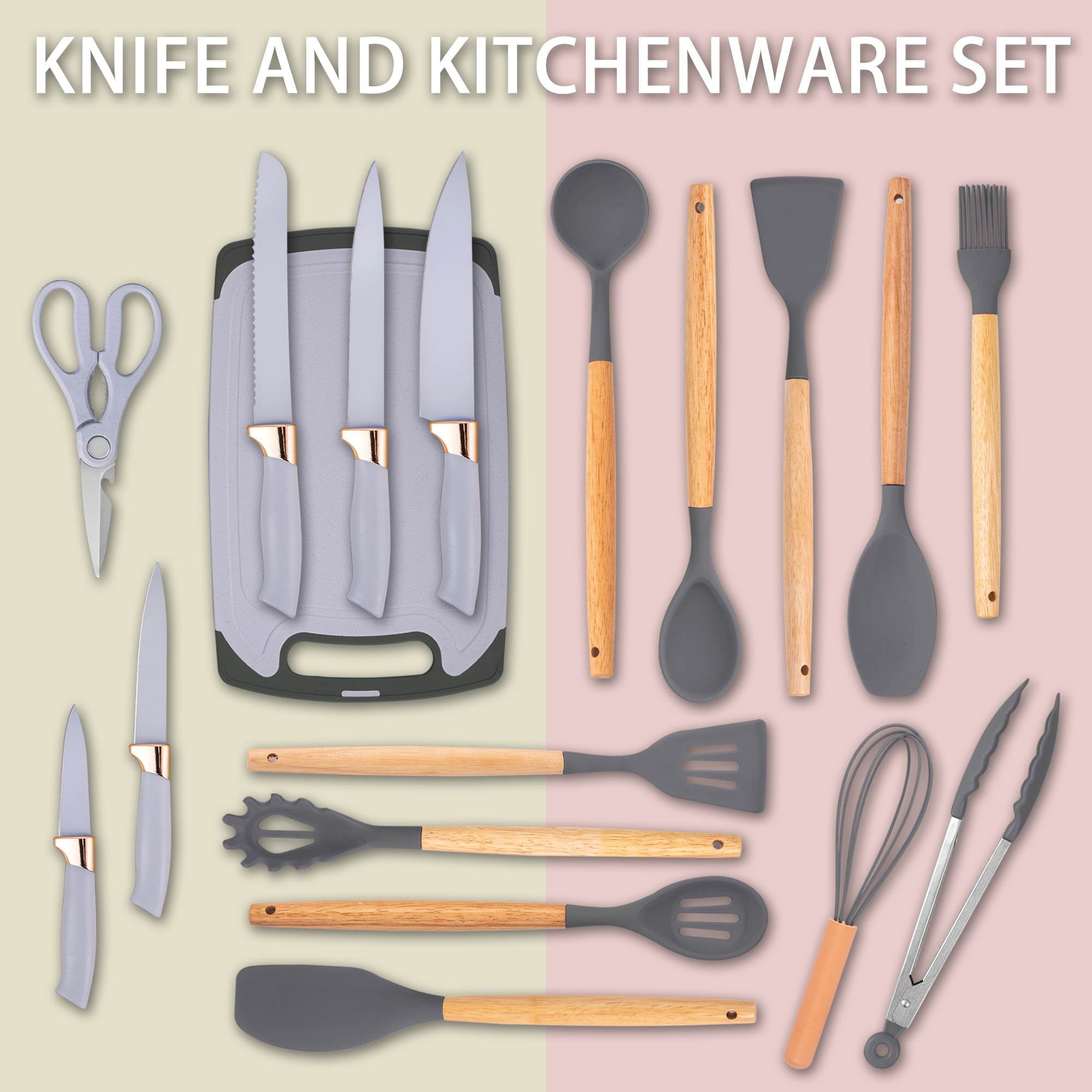 Heat-Resistant 19-Piece Silicone Kitchen Utensil & Knife Set - Heat-Resistant Cooking Tools Non-Stick Safe Gift for Mom or Wo... - Durable Turner & Ladle Utensil Set for Home Chefs Detail