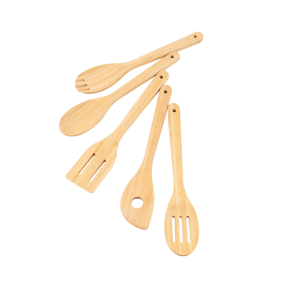 Heat-Resistant 5pk Bamboo Spoons for Cooking, Kitchen Essential Tools Set - Ergonomic Kitchen Tongs and Cooking Spoon Utensil Detail