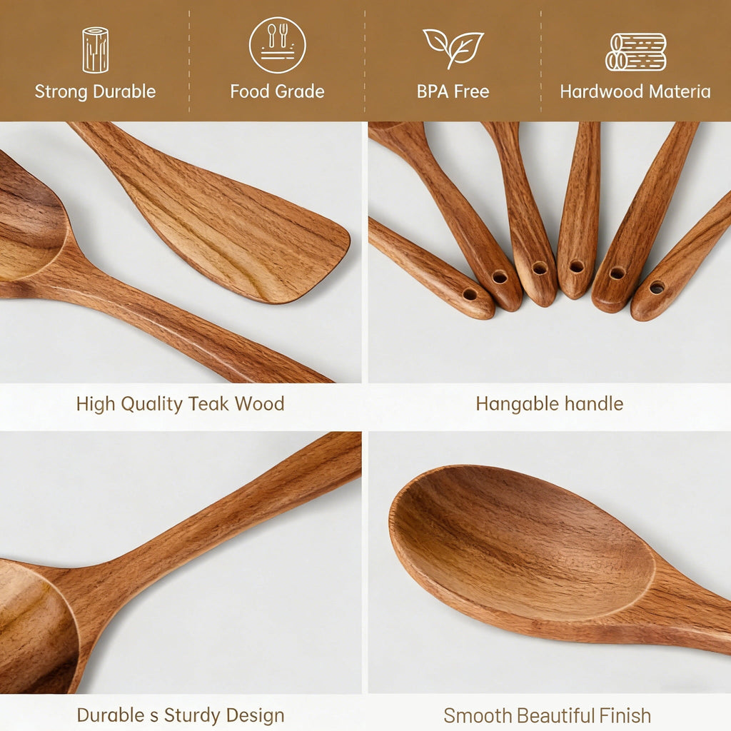 Ergonomic Cooking Wooden Spoons for Cooking, 6 PCS Teak Wood Cooking Utensil Set, Wooden Kitchen Utensils for Nonstick Pans & Cookware,... - Ergonomic Kitchen Tongs and Cooking Spoon Utensil Detail