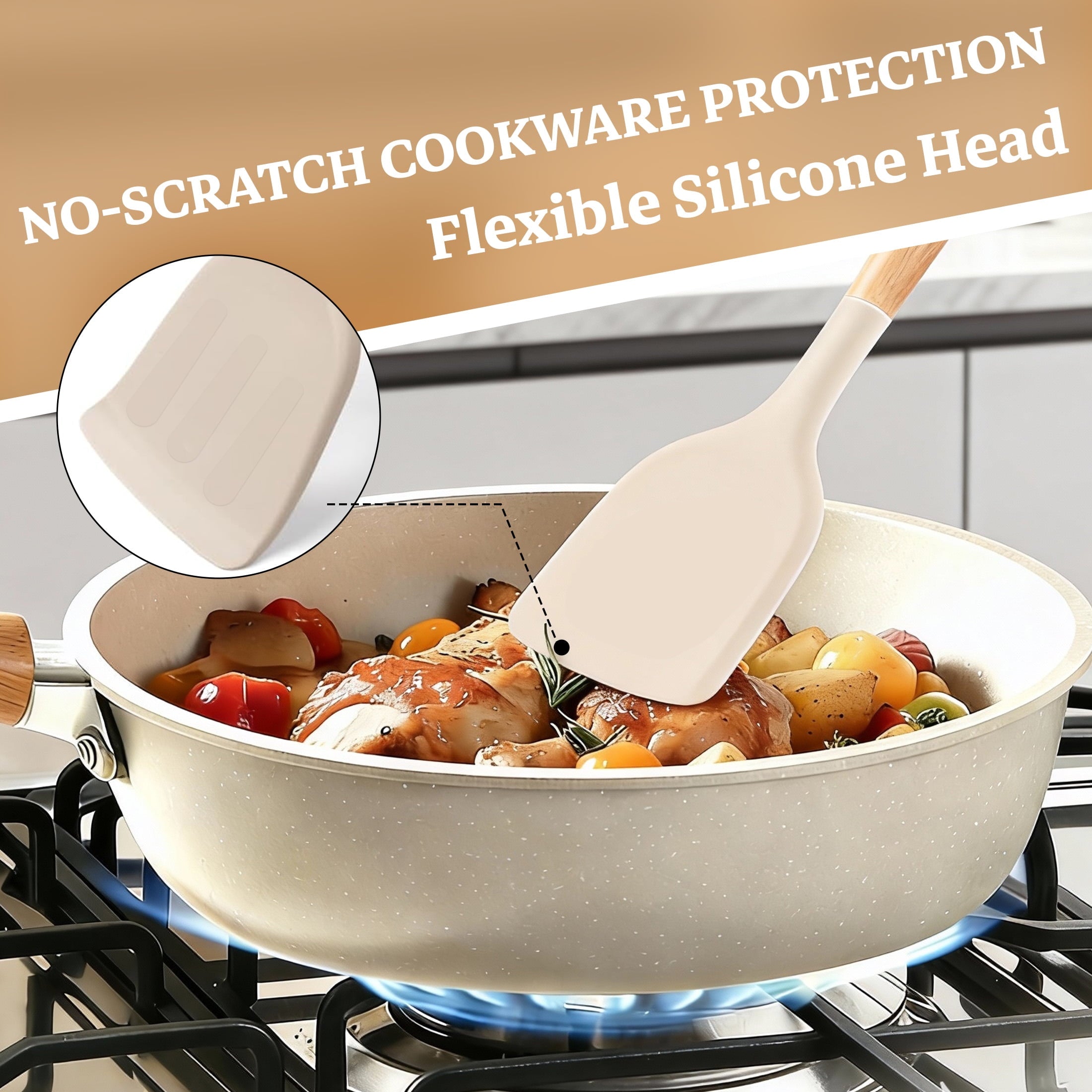 Premium Silicone 14-Piece Silicone Cooking Utensils Set, Non-Stick Kitchen Utensil Set for Baking, Flipping, Mixing, White - Ergonomic Kitchen Tongs and Cooking Spoon Utensil Detail