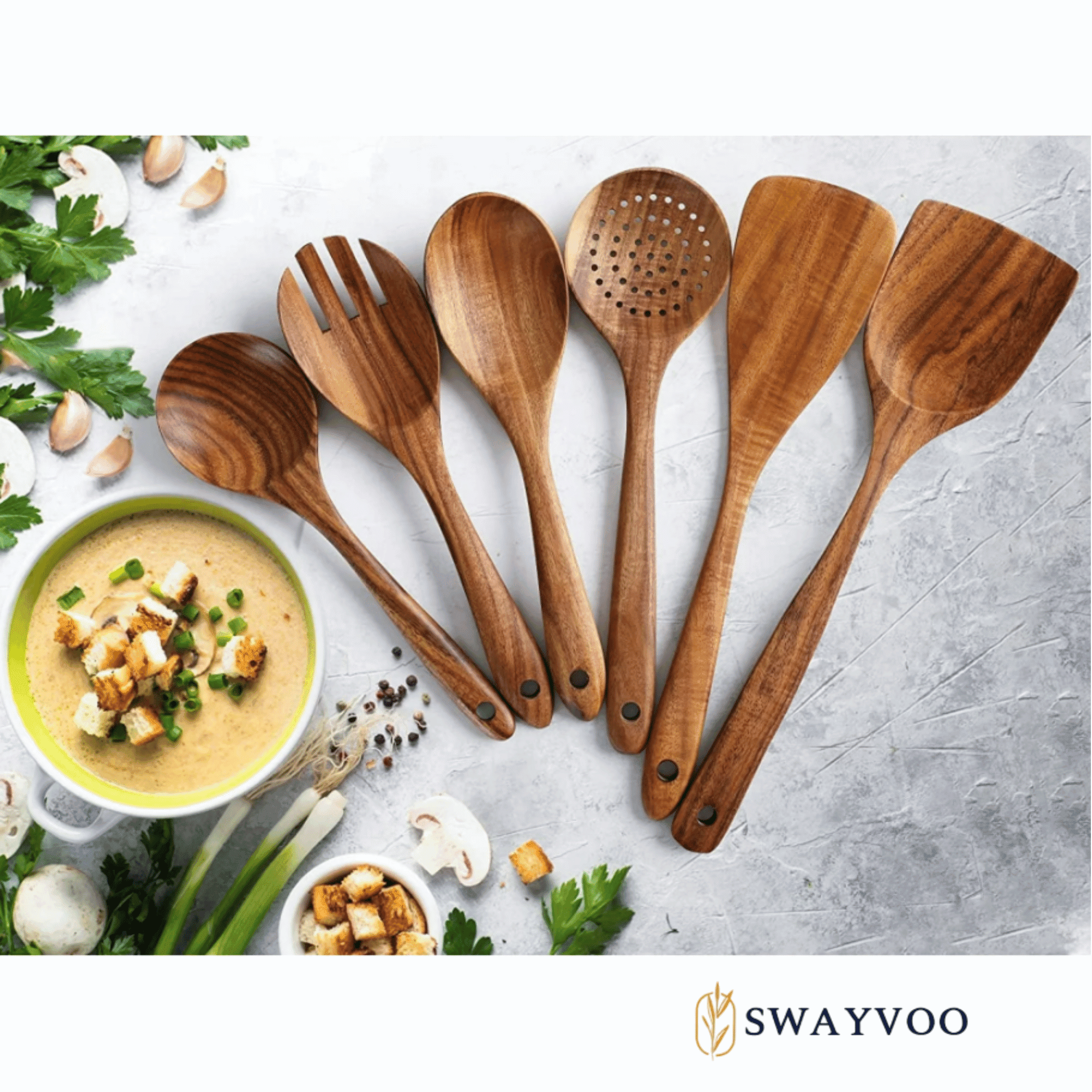 Non-Stick Safe Wooden Spoons for Cooking, 6-Piece 100% Natural Teak Wooden Utensils for Cooking — Heat Resistant, Non-Stick ... - Durable Turner & Ladle Utensil Set for Home Chefs Detail
