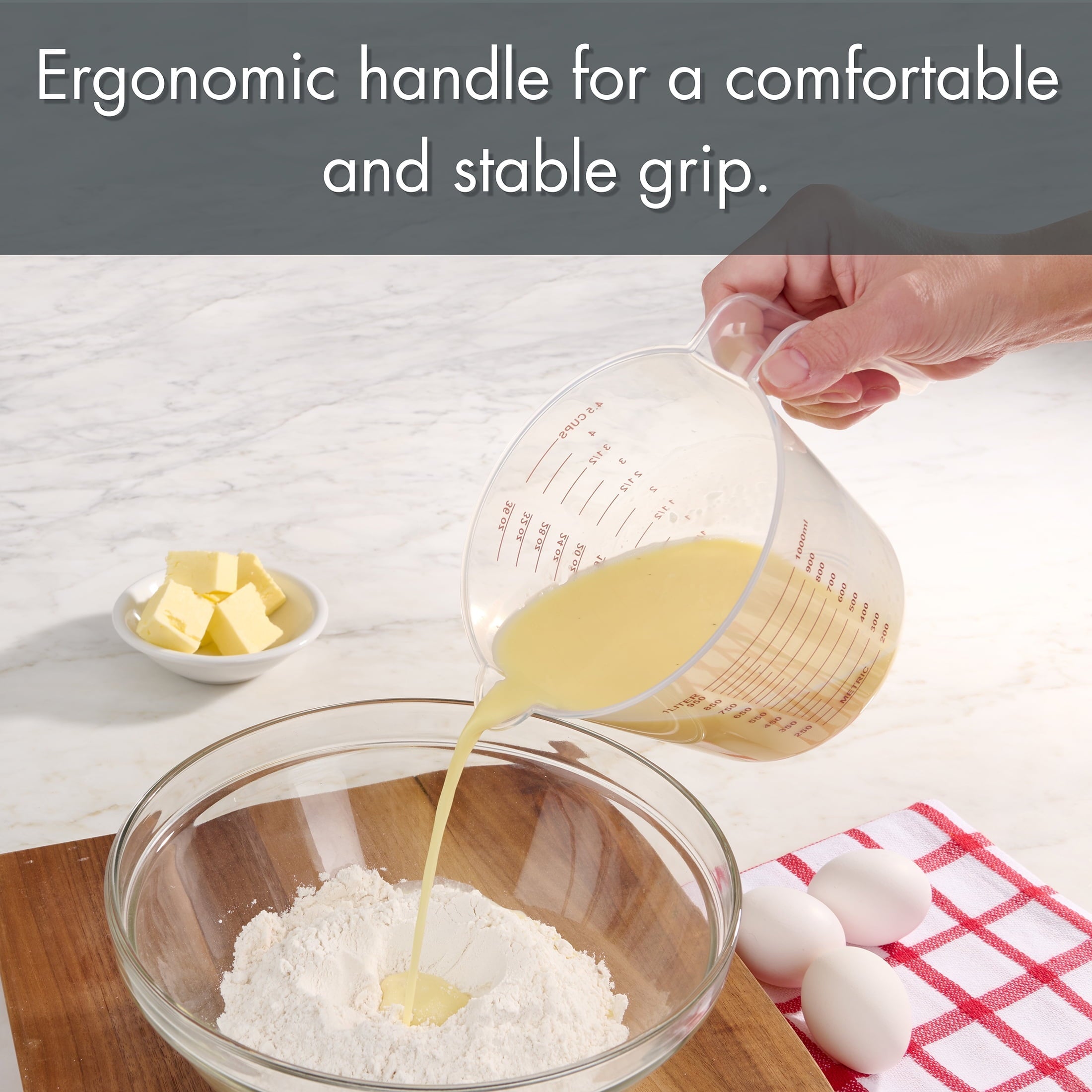 Ergonomic Manual 3-Piece Tapered Spout Nesting Plastic Measuring Cups Set, Clear - Multi-Functional Manual Food Chopper & Slicer Detail